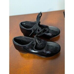 WEISSMANS Black Patent Tap Dance Shoes Girls Size 1 1.5C M Lace Up CLASSIC